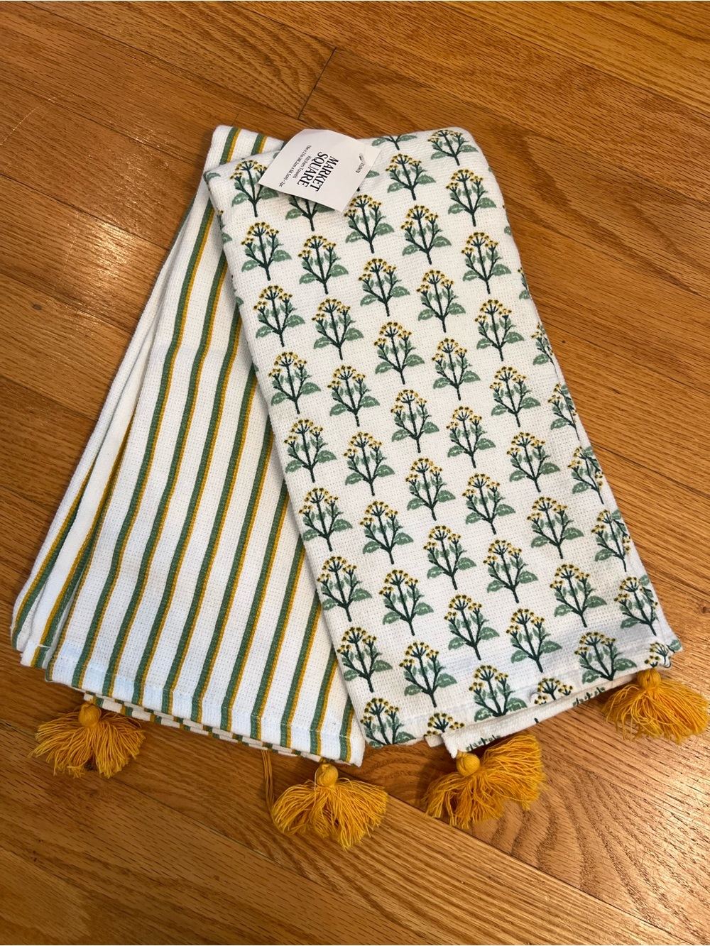 2 Yellow & Green Floral Cotton Kitchen Towels with Tassels
